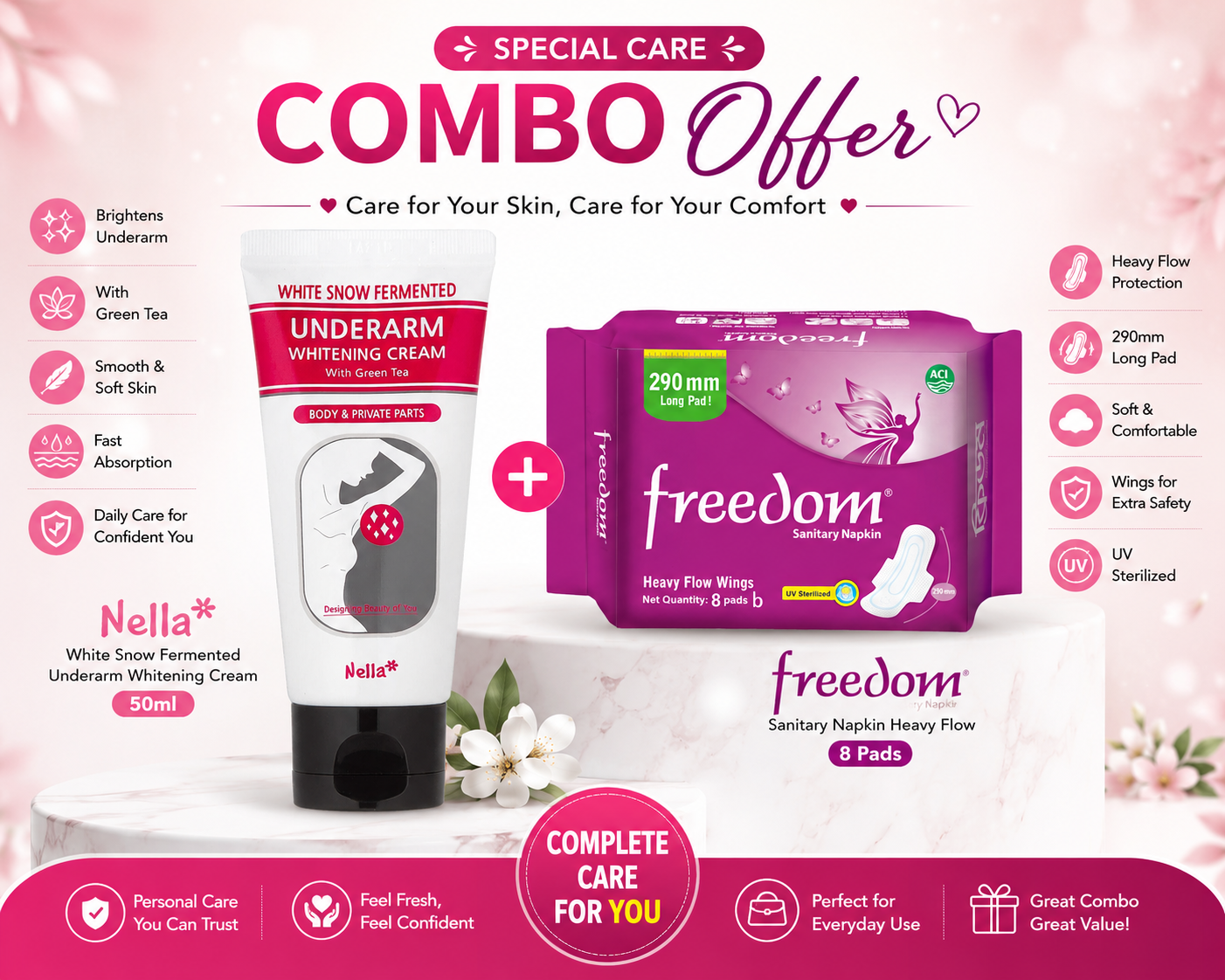 Nella White Snow Fermented Underarm Whitening Cream - 50ml with free Freedom Sanitary Napkin Heavy Flow 8 pads