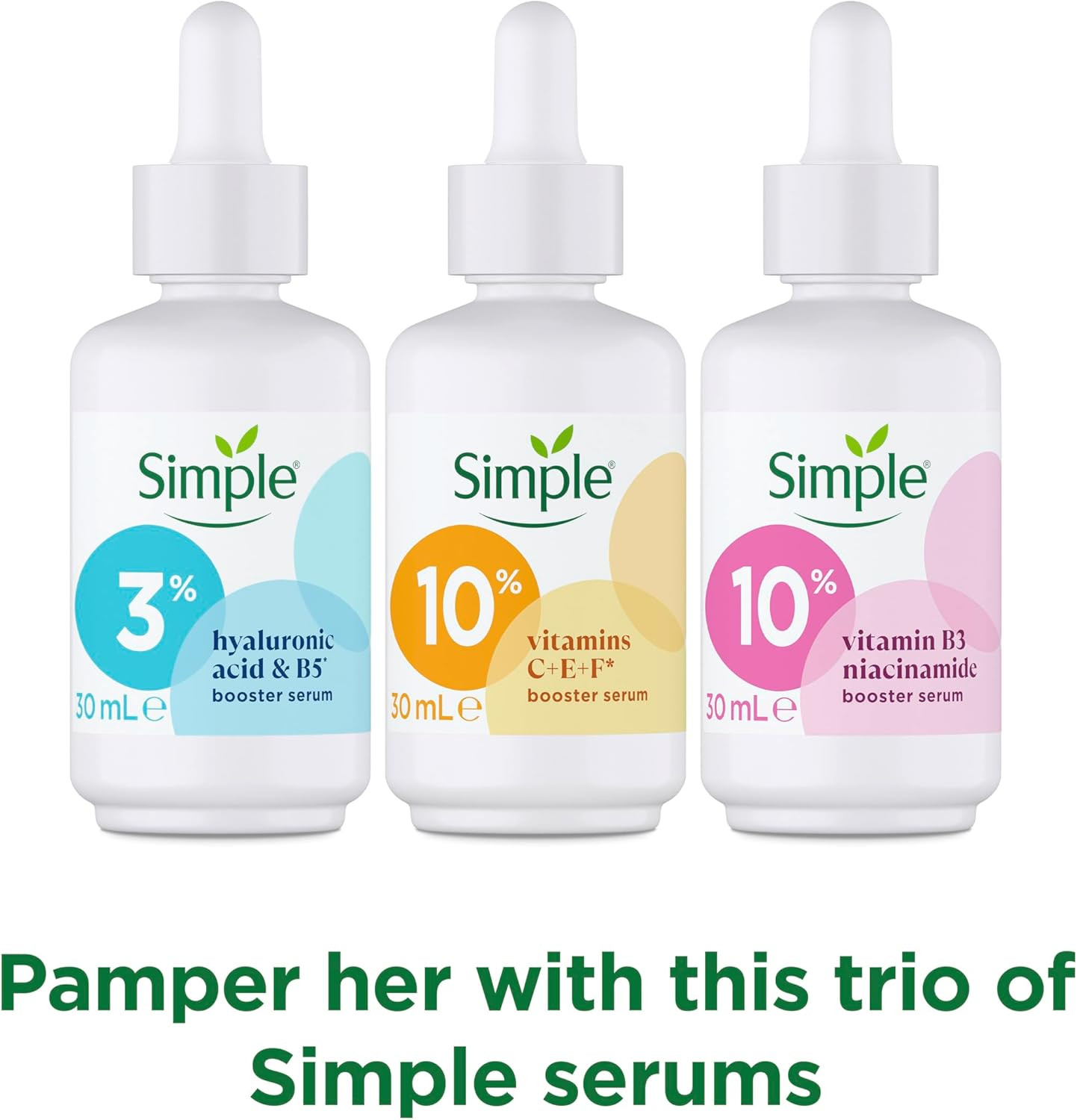 Simple Booster Serum 10% Vitamin C+E+F 30ml + 10% Niacinamide Booster Serum 30ml + Booster Serum 3% Hyaluronic Acid & Vitamin B 30ml